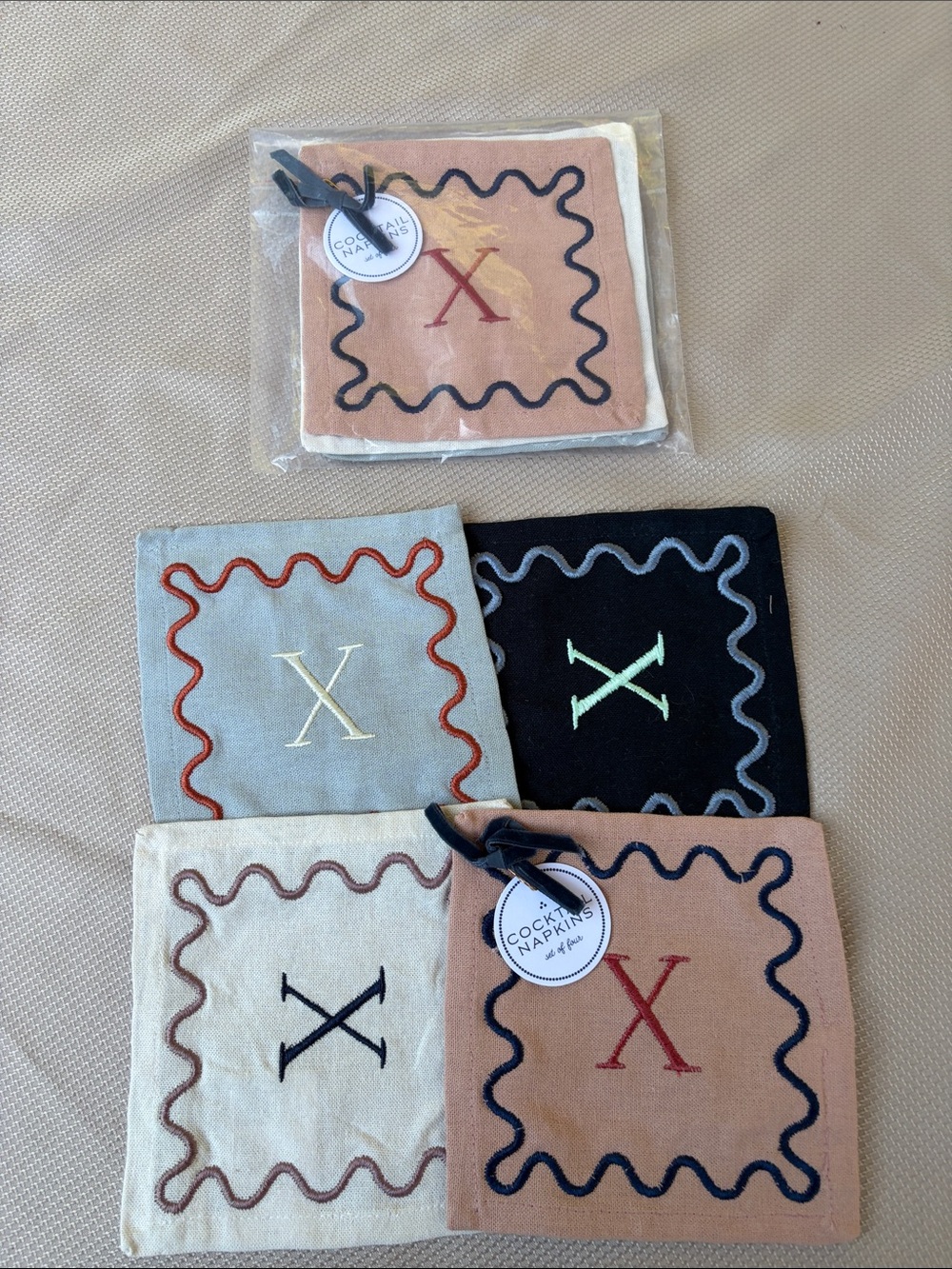 8 Anthropologie Multicolor Embroidered X Cocktail Napkin Set - two sets of 4